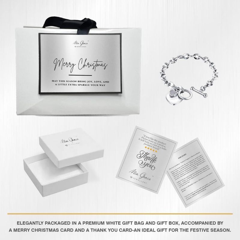 MGJ™ Austrian Crystal Heart Charm Toggle Bracelet for Women – Hypoallergenic Jewelry Gift in Silvery, Golden, or Rose Golden | Includes Premium White Gift Box, Bag & Christmas Card Festive Christmas Gift for Women Ladies, Wife, Her – Includes White Gift B