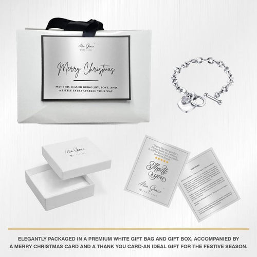 MGJ™ Austrian Crystal Heart Charm Toggle Bracelet for Women – Hypoallergenic Jewelry Gift in Silvery, Golden, or Rose Golden | Includes Premium White Gift Box, Bag & Christmas Card Festive Christmas Gift for Women Ladies, Wife, Her – Includes White Gift B