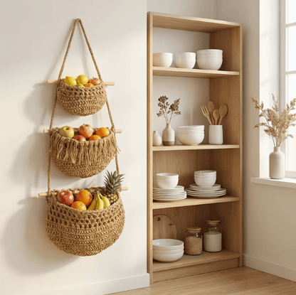 Boho Chic 3-Tier Wall Hanging Storage Basket - Handwoven Rope Organizer for Fruits, Vegetables & More - Easy Install, Versatile Home Decor, Storage Basket