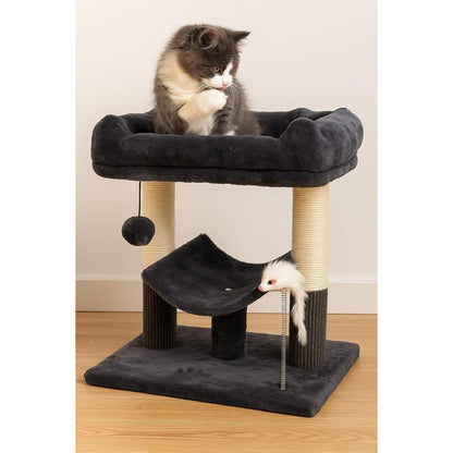 Grey Cat Tree Tower with Sisal Scratching Posts | Condo, Bed, Dangling Ball & Playful Mouse | Sturdy 50cm Perch for Cats & Kittens
