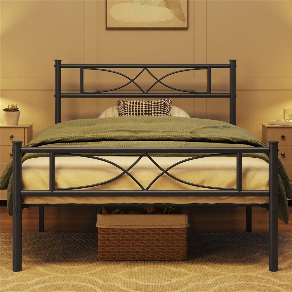 Curved Headboard Metal Bed Frame Platform Bed Vintage Style Built-in Steel Slats 32cm Underbed Storage No Box Spring Needed Single Double King Black White