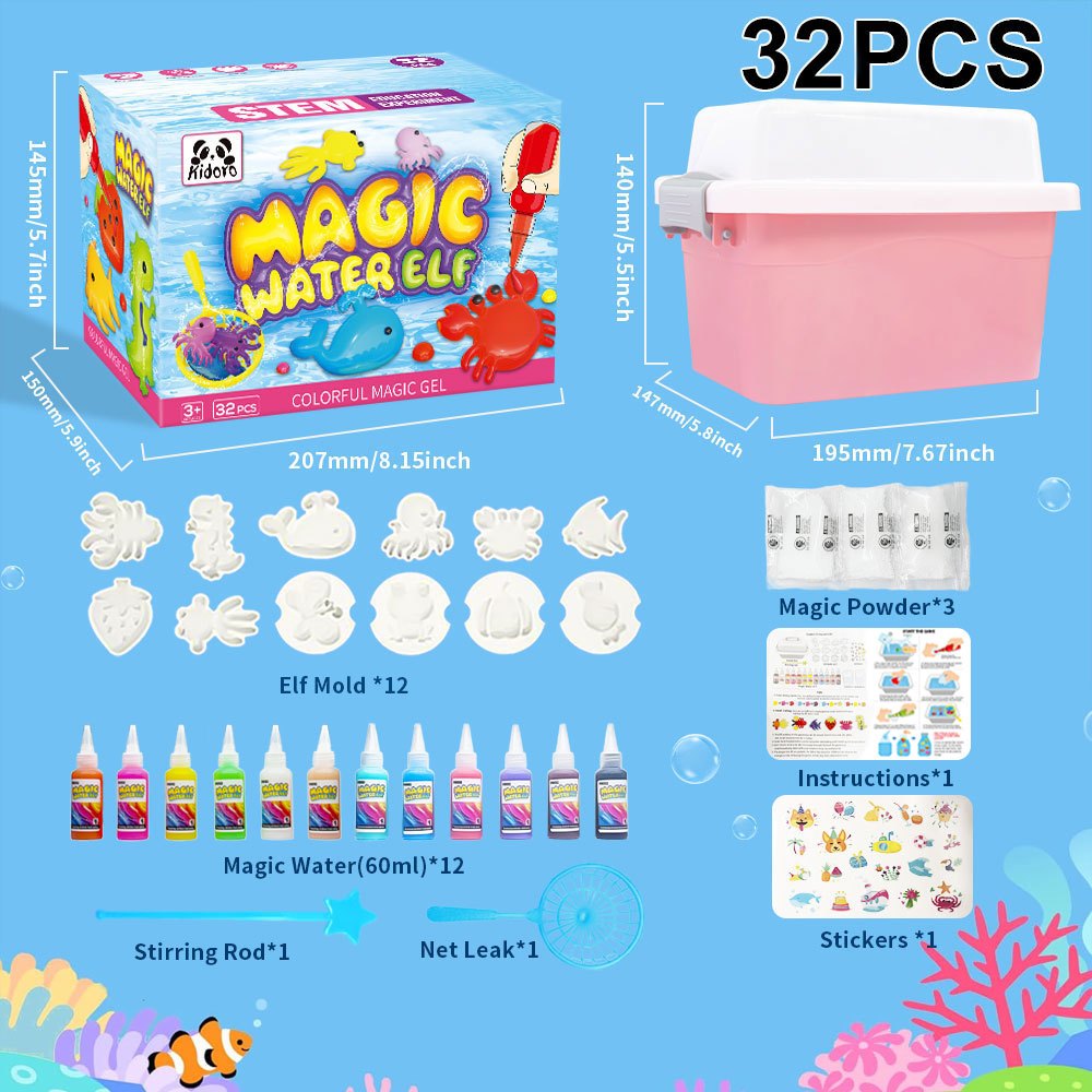 Magic Water Elf DIY Craft Kit 32 Piece - 12 Colours, 12 Moulds & Storage Box | STEM Sensory Art Toy for Boys & Girls | Creative Birthday Gift
