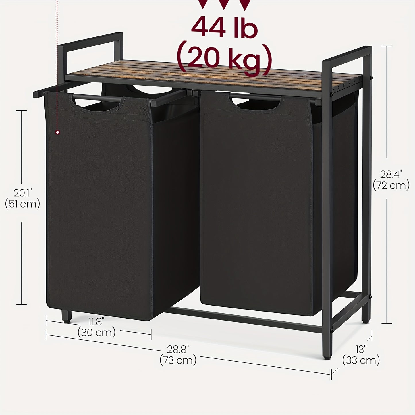 Dirty Laundry Basket, 2 Compartments, Bin, with 2 Removable Oxford Cloth Bags, Metal Frame, 2 X 46 Litres, 73 X 33 X 72cm, Laundry Baskets