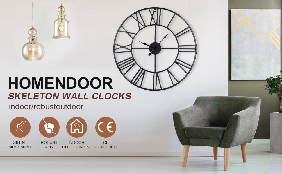 Large Wall Clock Metal Vintage Large Black Wall Clock Round Silent Skeleton Roman Numerals Hanging Clock Battery Wall Clock for Living Room Bedroom Kitchen Hotel Office Black