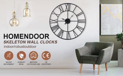 Large Wall Clock Metal Vintage Large Black Wall Clock Round Silent Skeleton Roman Numerals Hanging Clock Battery Wall Clock for Living Room Bedroom Kitchen Hotel Office Black