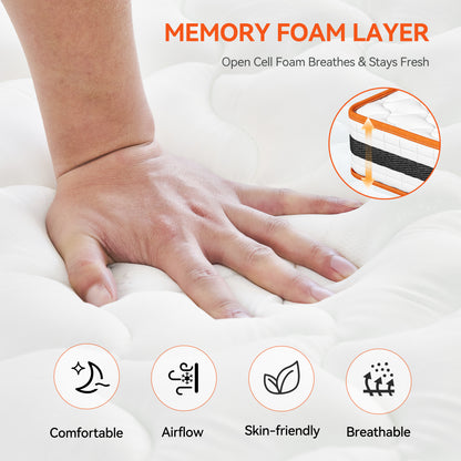 Bed Mattress Memory Foam and Pocket Spring Hybrid Mattress with 3D Breathable Fabric, Medium Soft to Medium Firm Support Mattress, Roll-Up Packaging for Bedroom