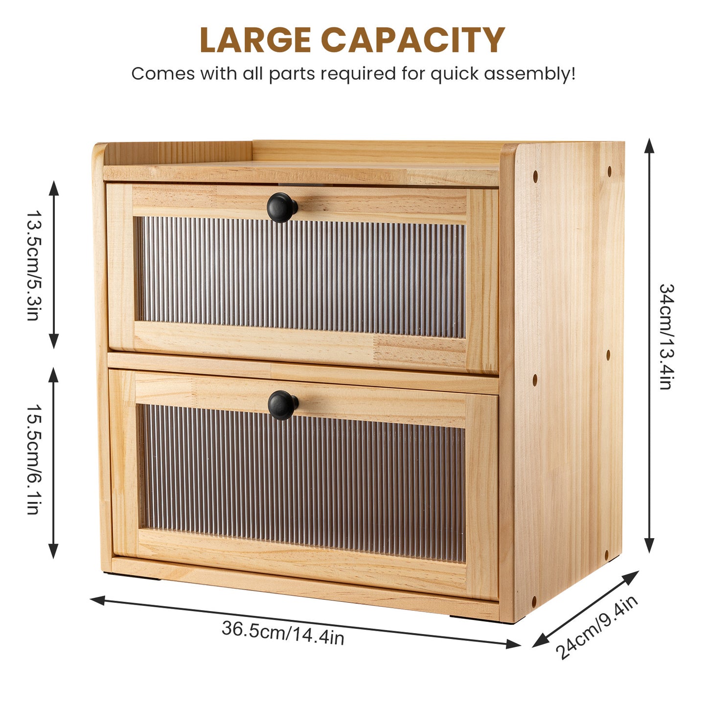 Double Layer Bread Box for Kitchen Counter, 2 Decker Large Wooden Bread Bin, Corner Bread Storage Container with Acrylic Windows, Dry Food Container with Air Vents to Keep Fresh, Self Assembly