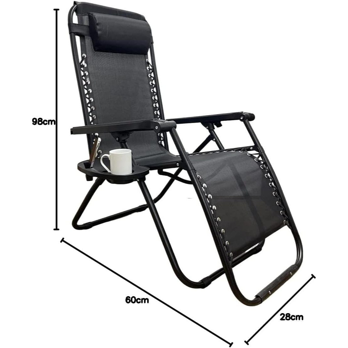 Zero‑Gravity Style Reclining Lounger – Folding Textoline Outdoor Chair with Side Tray & Headrest (Black)