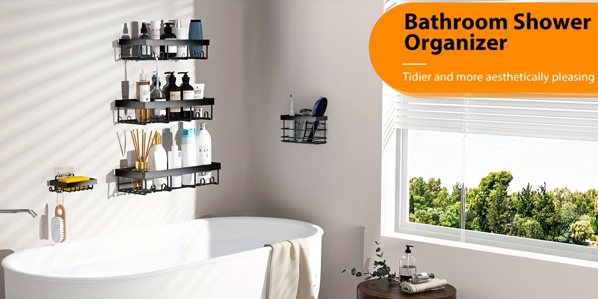 Shower Caddy, Bathroom Shower Organizers, Black Shower Shelves for Inside Shower with Soap Caddy & Toothbrush Holder, Stainless Steel Wall Rack Baskets Adhesives Mounted(1 And5pcs), Random Color Properties to Choose, Shelves