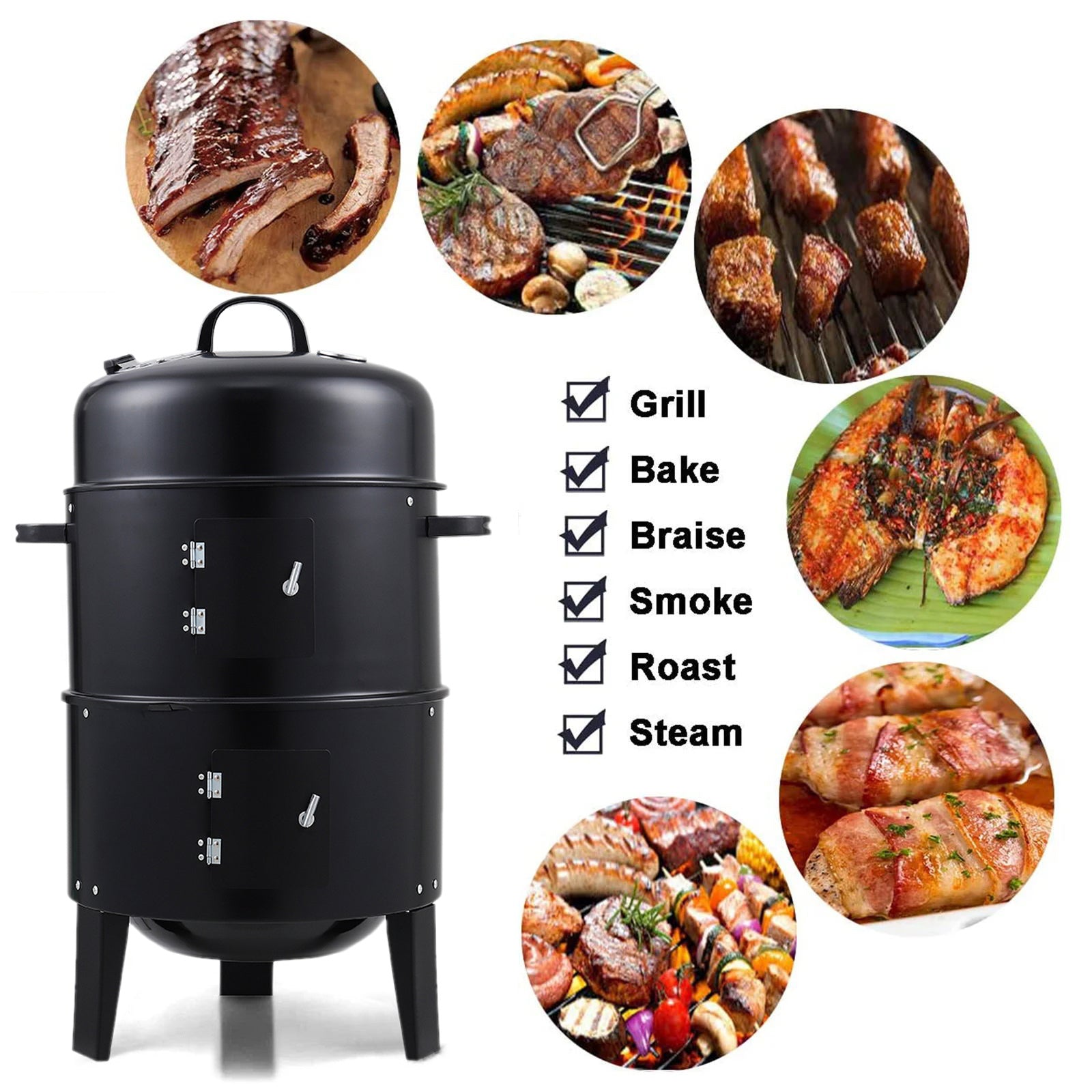 Outdoor Charcoal Smoker BBQ Grill 40x84cm Dual Access Smoking Grill 37cm Diameter Iron Construction Party Family Dinner Garden Barbecue