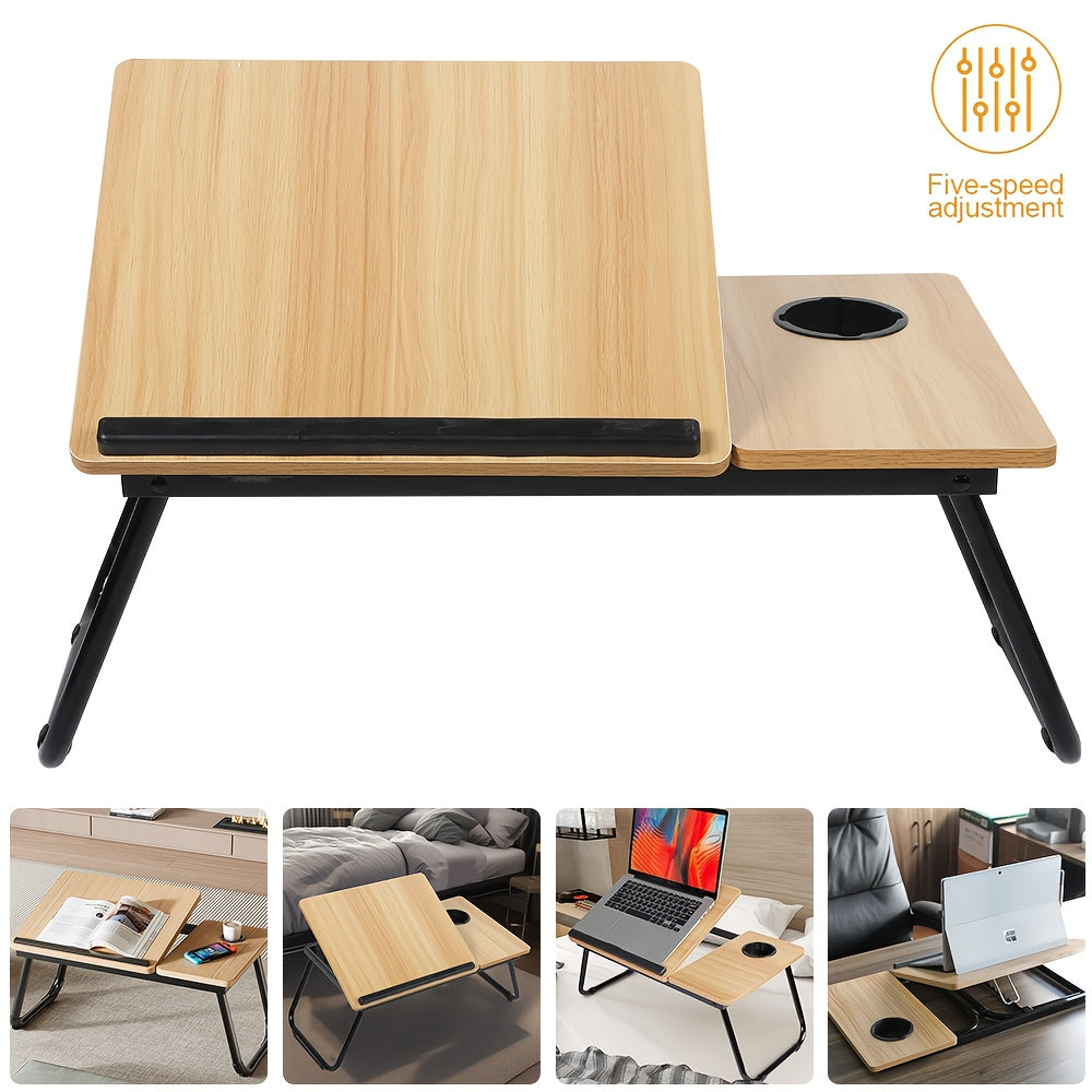 Folding Laptop Desk with Cup Holder - 5-Level Adjustable Tilt, Laptop Bed Table, Adjustable Laptop Stand, Portable And Sturdy Wooden Frame, Ideal for Reading, Studying And Serving Breakfast in Bed