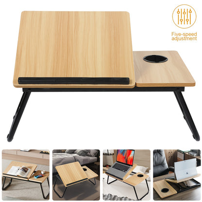 Folding Laptop Desk with Cup Holder - 5-Level Adjustable Tilt, Laptop Bed Table, Adjustable Laptop Stand, Portable And Sturdy Wooden Frame, Ideal for Reading, Studying And Serving Breakfast in Bed