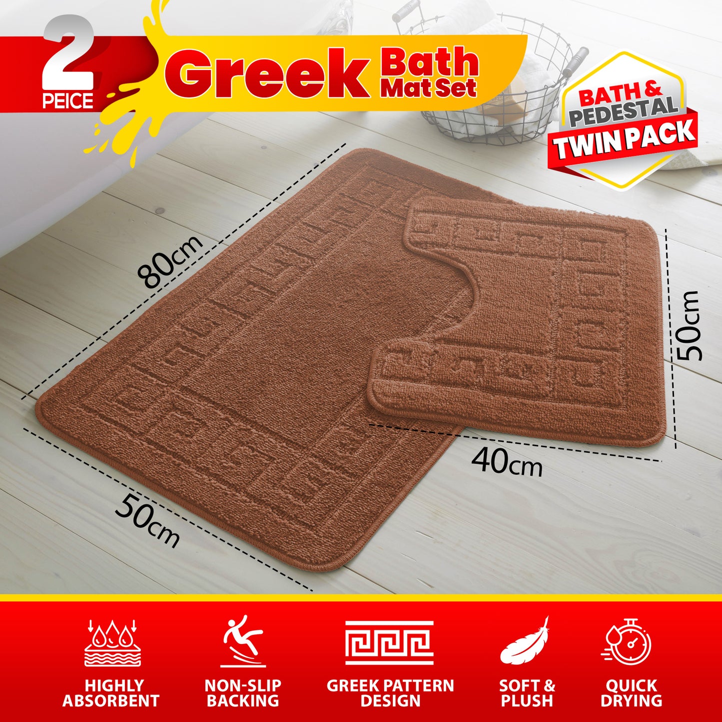 GC GAVENO CAVAILIA 2 Piece Greek Pattern Bathroom Mat Set | Soft & Plush 100% Polyester Bath Mat and Pedestal Rug | Non-Slip Backing, Highly Absorbent, Quick Drying |Machine Washable Bathroom Rugs | Ideal for Everyday Use | LOCAL WAREHOUSE | UK BRAND