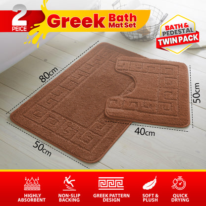 GC GAVENO CAVAILIA 2 Piece Greek Pattern Bathroom Mat Set | Soft & Plush 100% Polyester Bath Mat and Pedestal Rug | Non-Slip Backing, Highly Absorbent, Quick Drying |Machine Washable Bathroom Rugs | Ideal for Everyday Use | LOCAL WAREHOUSE | UK BRAND