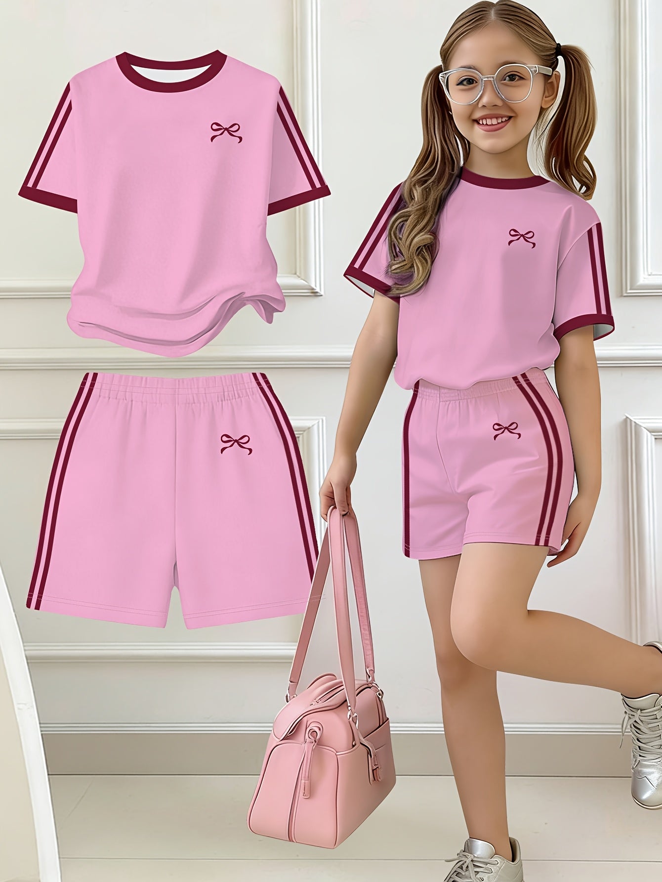 2pcs Set, Easy Bow Print Short Sleeve T-Shirt And Shorts Set, Star Style, Suitable for Spring And Summer, Back-To-School Outfit, Y2K Fashion, Campus Activities, Comfortable Casual, Fashionable And Playful, Hippie Style, Retro Sweet American Style