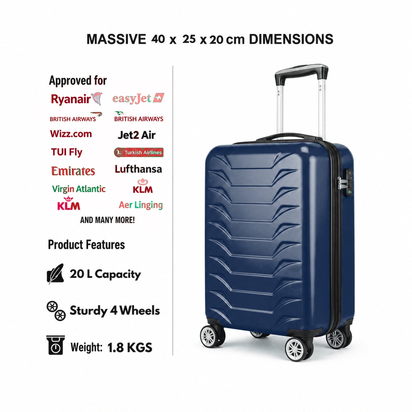 Direct Luggage Underseat Cabin Case 40 x 25 x 20 cm RyanAir Approved Size with Combination Lock and Detachable 360° Wheels T-HC-US-1627