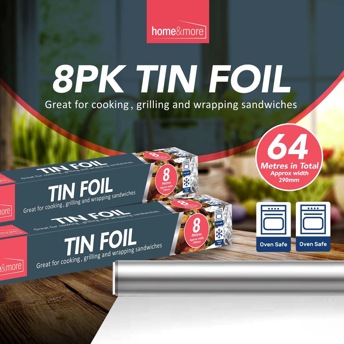 8 Pack Aluminium Foil Roll | 64m Kitchen Foil with Cutter | 29cm x 8m Non-Stick Silver Tinfoil Rolls for Cooking, Baking, Wrapping, Grilling & BBQ | Heavy Duty Foil Dispenser for Food Storage & Preparation