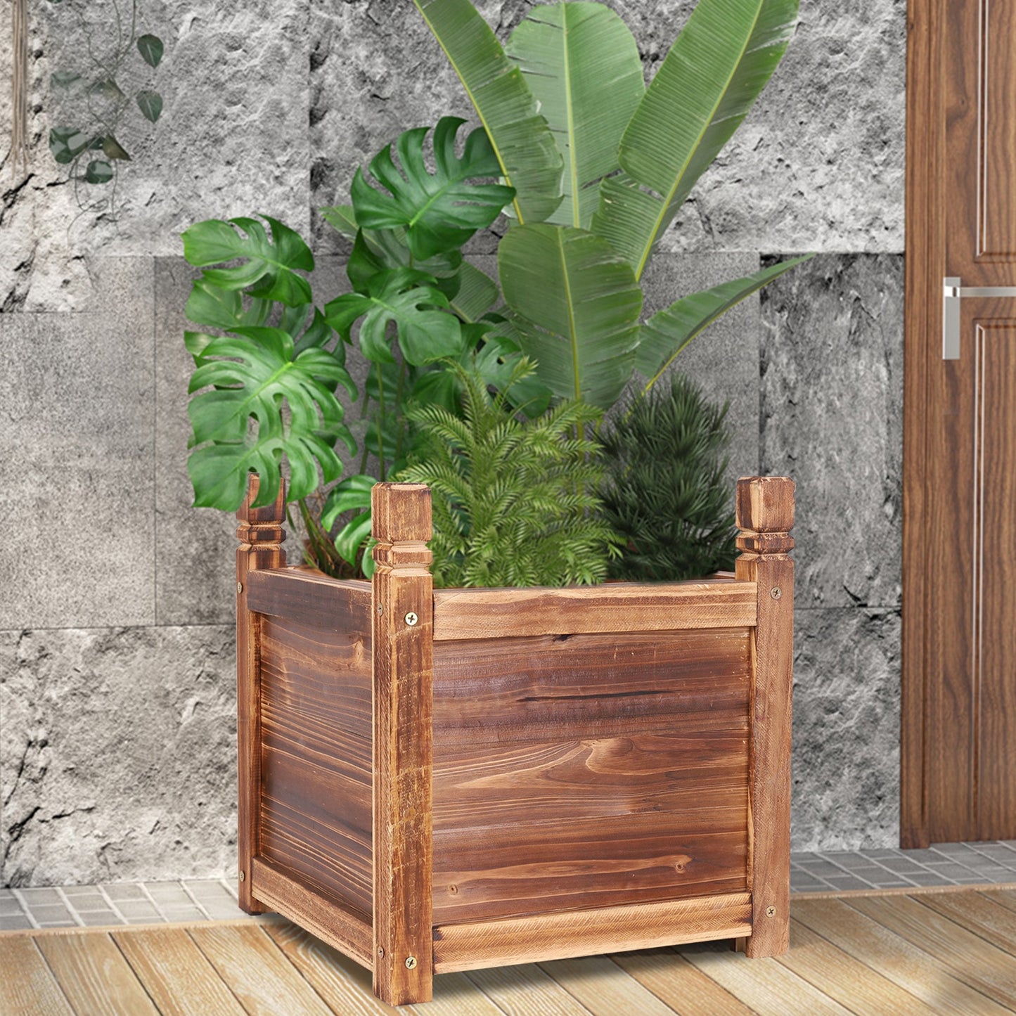 30cm/60cm/90cmL Wooden Rectangular Planter Box Raised Garden Yard Patio Flower Vegetable Planter Bed Indoors Outdoors