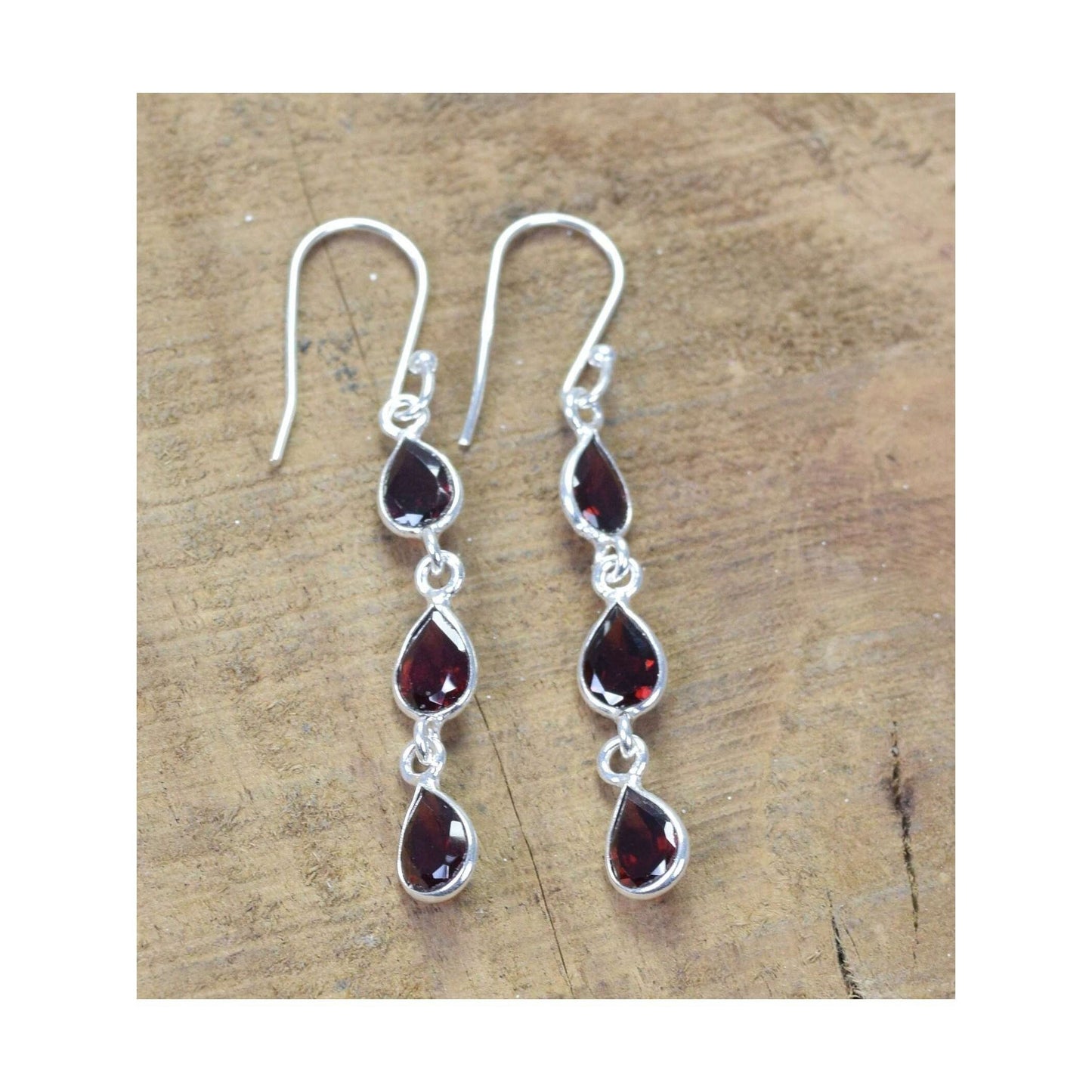 925 Sterling Silver Natural Gemstone 3 stone long Earring, Bezel Set Birthstone Ring, Perfect gift