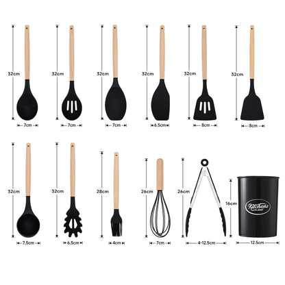 Kitchen Utensil Set, 11pcs Silicone Cooking Utensils Set With Wooden Handle, Nonstick Cookware Tongs Spatula Spoon Set, Best Kitchen Tools, Valentine'S Day Gifts Black, Holiday Gift Guide