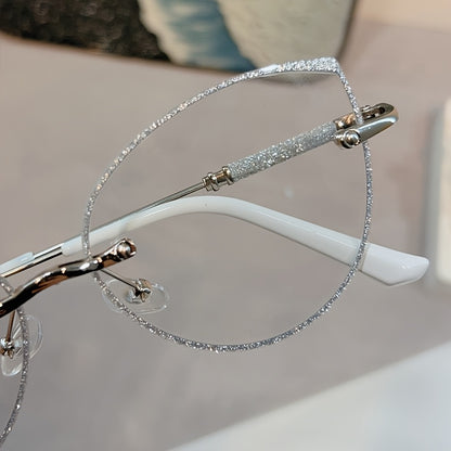 Fashion Cat Eye Frameless Light Sensitive Color Changing Women'S Model with Embedded Sequins Metal Frame Cat Eye Blue Light Transparent Lens Glasses
