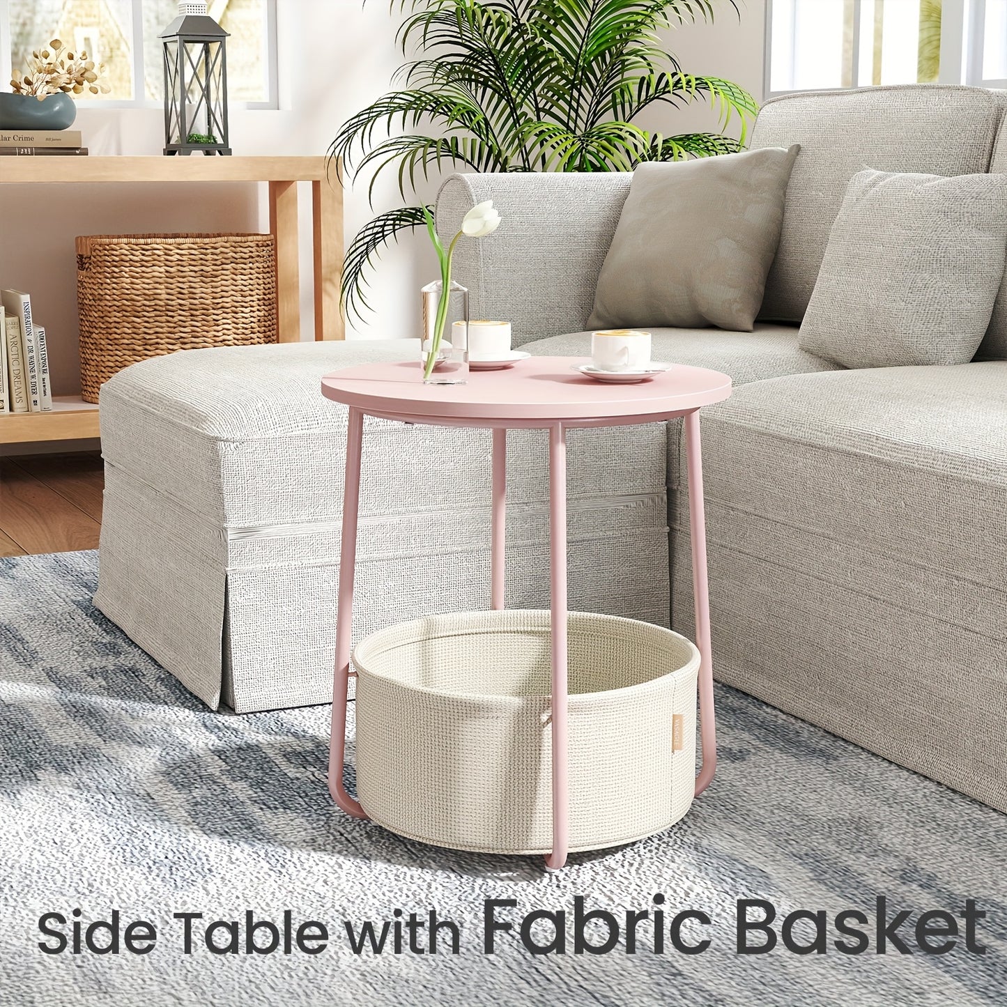 Modern Round End Table with Storage Fabric Basket - Beige/Cream White/Laurel Green/Jelly Pink Bedside Table, Metal Frame & Round Top, Space-Saving Accent Table for Living Room,, Dorm - Easy Assembly, Non-Wood Furniture