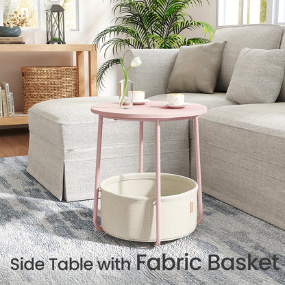 Modern Round End Table with Storage Fabric Basket - Beige/Cream White/Laurel Green/Jelly Pink Bedside Table, Metal Frame & Round Top, Space-Saving Accent Table for Living Room,, Dorm - Easy Assembly, Non-Wood Furniture