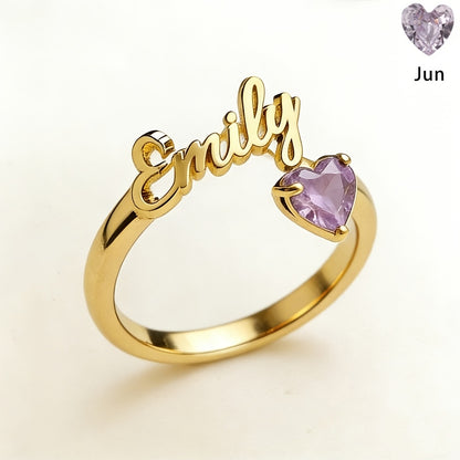 Personalized Heart Birthstone Ring, Custom Birthstone Golden Name Ring, Stainless Steel Elegant Nameplate Open Ring, Best Birthday Gift for Her, Birthstone Jewelry, Light Issues May Cause Color Differences in Birthstones