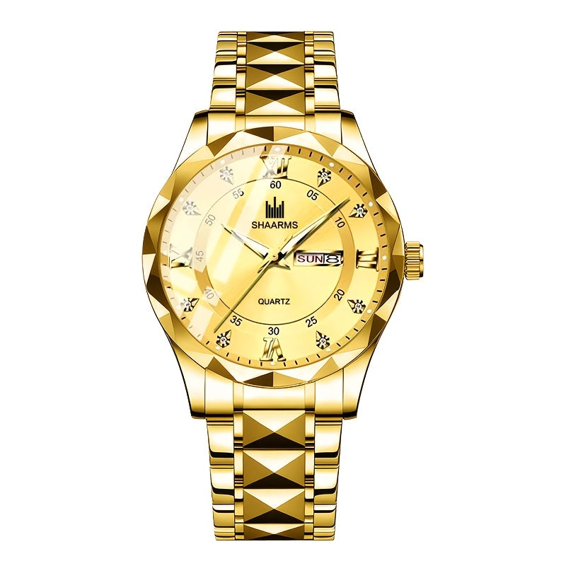 1 New Stainless Steel Band Men'S Quartz Watch Roman Numeral Dial Inlaid with Rhinestones Date Calendar Trendy Fashion Easy Brand Luxury Luminous Sports Leisure Life Travel Business Multi-Function Watch Birthday Gift Holiday Gift Gift Ideal Choice