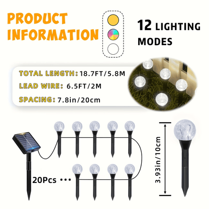 20pcs Solar Garden Crystal Lights, Outdoor Lawn Lights with 8 Lighting Modes, Daytime Auto-Off And Night-On for Summer, Camping, Christmas, Wedding, Party, Birthday Pathway Decorations