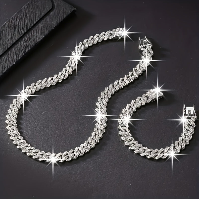 2pcs/set Necklace+bracelet Luxury Set Domineering Y2K Cuban Lozenge Link Chain Necklace, Hip Hop Miami Unisex Necklace, Rapper Necklace Jewelry, Trendy Accessories Encryption style