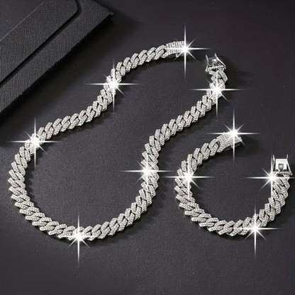 2pcs/set Necklace+bracelet Luxury Set Domineering Y2K Cuban Lozenge Link Chain Necklace, Hip Hop Miami Unisex Necklace, Rapper Necklace Jewelry, Trendy Accessories Encryption style