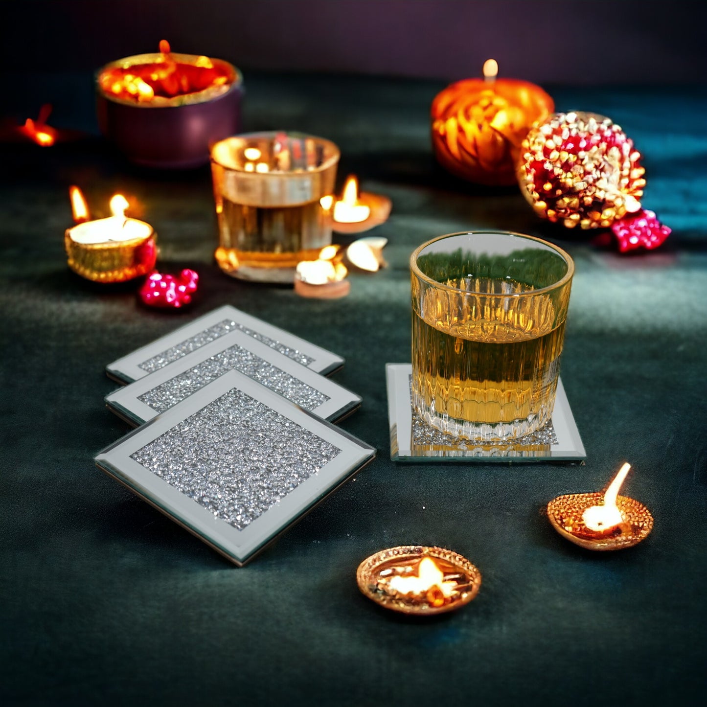 Serena's® Set of 4 Crystal Coasters – 10cm Glass Mirrored Drink Coasters with Glitter Crushed Diamond Design – Elegant Coasters for Home, Kitchen, Bar, or Table Decoration