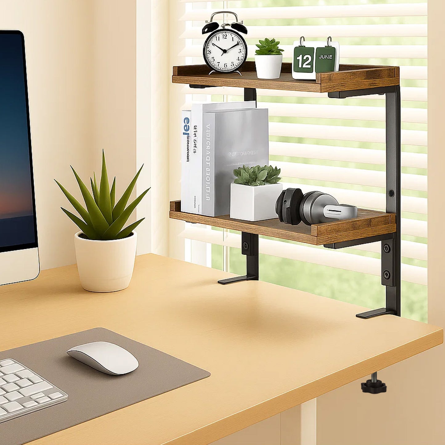 2-Tier Brown Clamp-On Desk Shelf Wood Shelving Unit Adjustable Height for Office Gaming Accessories, Tabletop Book Storage Rack