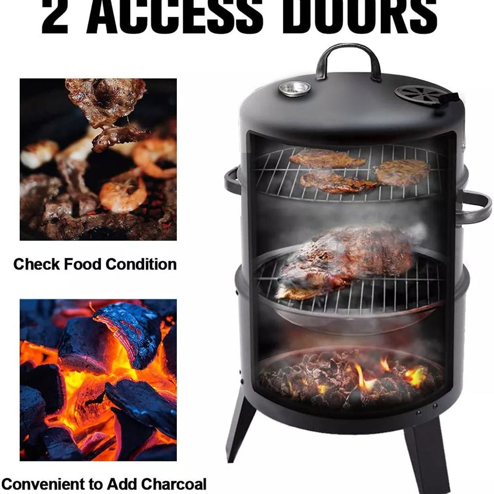 Outdoor Charcoal Smoker BBQ Grill 40x84cm Dual Access Smoking Grill 37cm Diameter Iron Construction Party Family Dinner Garden Barbecue