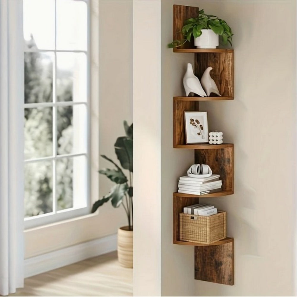 1pc 5-Tier Wooden Corner Shelf - Space-Saving Floating Bookcase & Display Stand | Easy Assembly Storage Rack for Books, Plants & Decor in Living Room, Office & Bathroom