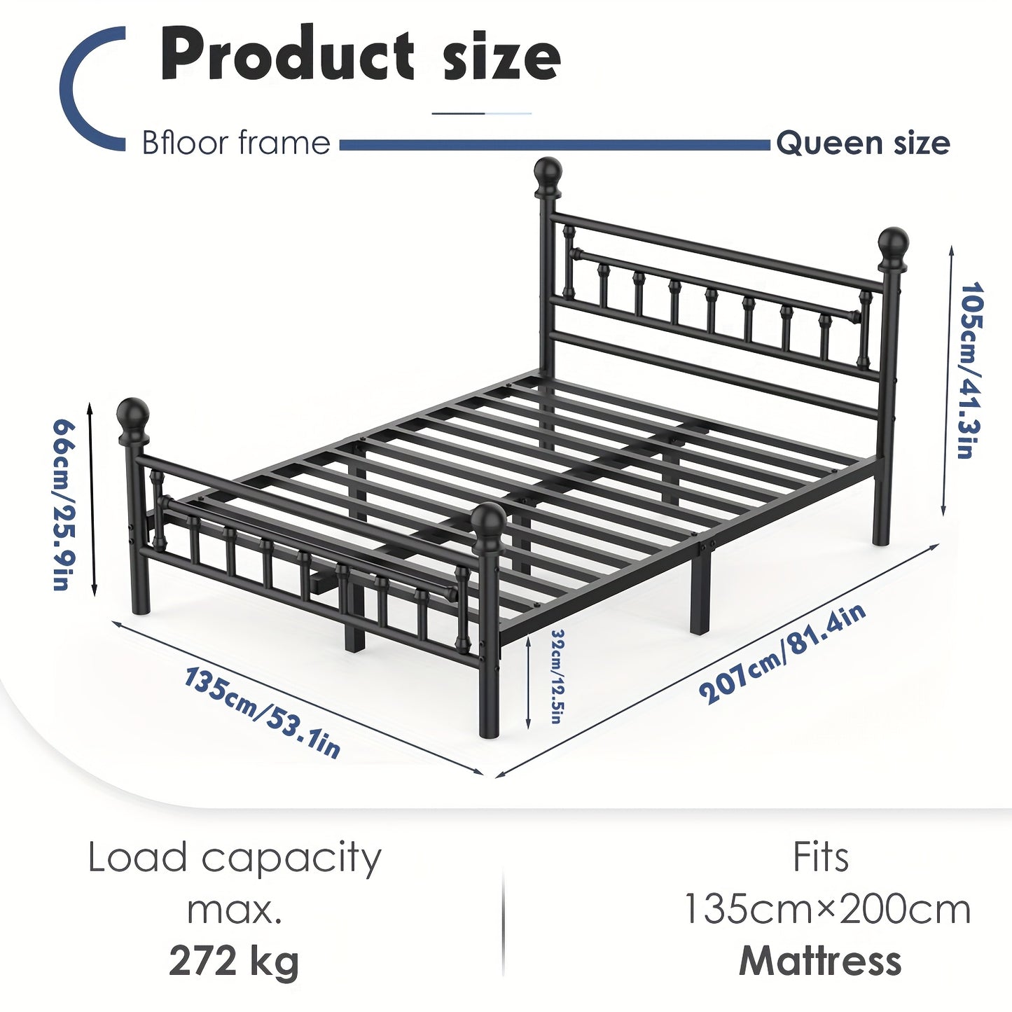 Vintage Metal Bed Frame in Black – Single, Double & King Size | 32cm Under-Bed Storage, 272kg Capacity | Steel Construction Easy Assembly
