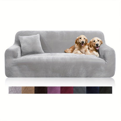 Sofa Cover Velvet Plush Thick High Stretch Elastic Fabric L Shape Sofa Slipcover Couch Cover 1 2 3 4 Seater Polyester Spandex Furniture Protector Cover Include Pillowcase for Living Room