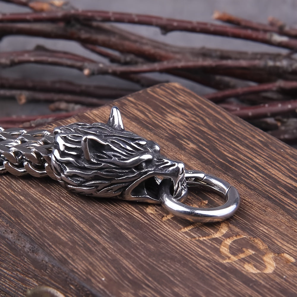 Viking Wolf Head Bracelet for Men, Stainless Steel Mesh Chain, Fade-Resistant, No Box