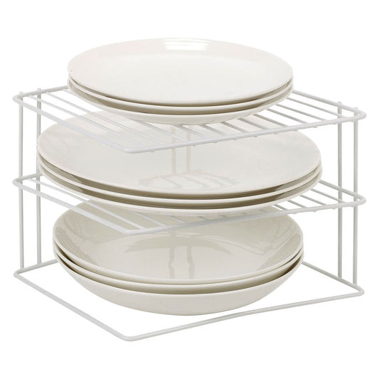 Taylor & Brown 3 Tier Corner Kitchen Plate Bowl Rack Stand Holder Tidy Cupboard Shelf Insert Storage Organiser, Space Saving, H19 x W25.5 x D25.5cm, White