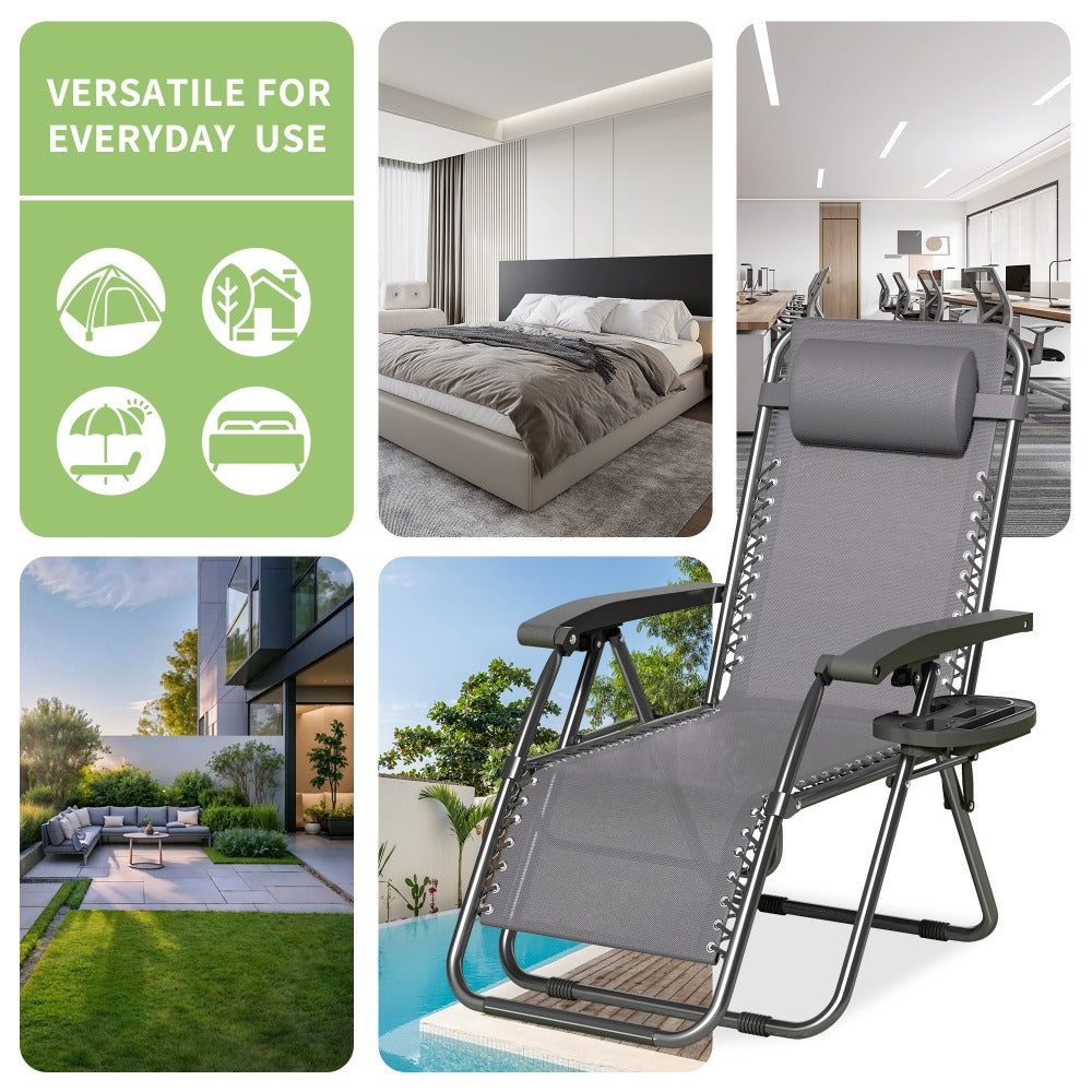 Zero Gravity Chair Foldable Reclining Outdoor Patio Lounge Chair with Padded Pillow Armrest Footrest Cup Holder Textilene Fabric Camping Garden Sunlounger Set of 1 or 2