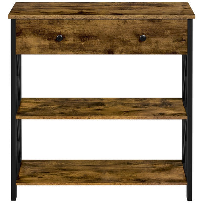 Industrial Console Table with Drawer & 2 Open Shelves | X-Frame Metal Legs Ball-Bearing Slide | Hallway Sofa Side Table | Rustic Brown & Gray | Vintage Style