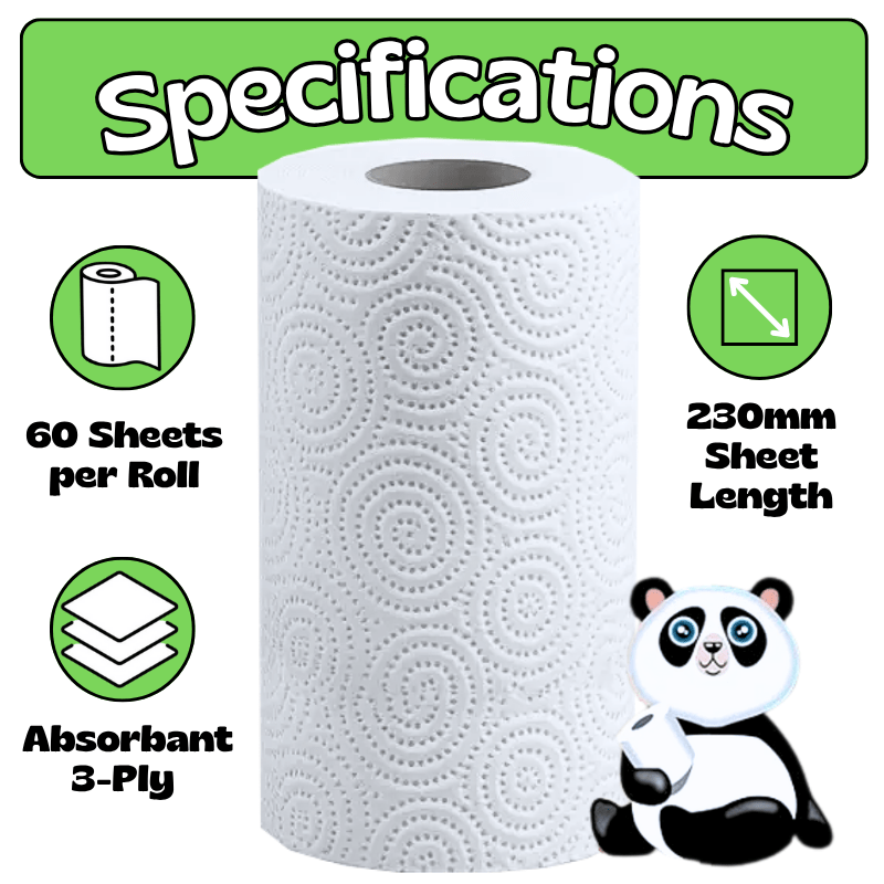 18pc Kitchen Roll Paper Towel Rolls 3 Ply, Panda Giant Tissue Papers Towels Ultra Absorbent, Soft & Reliable Household Cleaners for Home, Office & Commercial Cleaning, 18 Rolls (6 Packs)