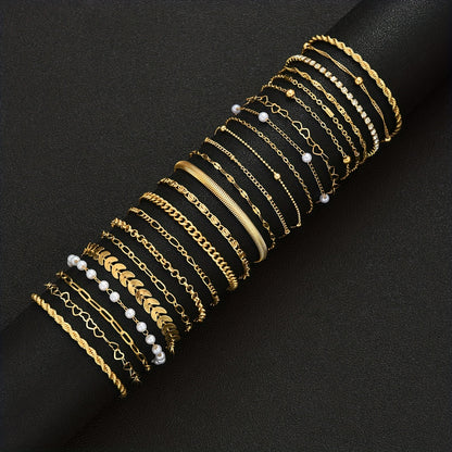 23pcs Heart-shaped Multi-layer Stackable Fashionable, Simple, Elegant, and Exquisite Vintage-inspired Design Featuring Faux, Rhinestone Bling-bling Sparkling Polished Snake Chain, Cable Chain, Twist Chain, Minimalist Plain Chain, Geometric Bead