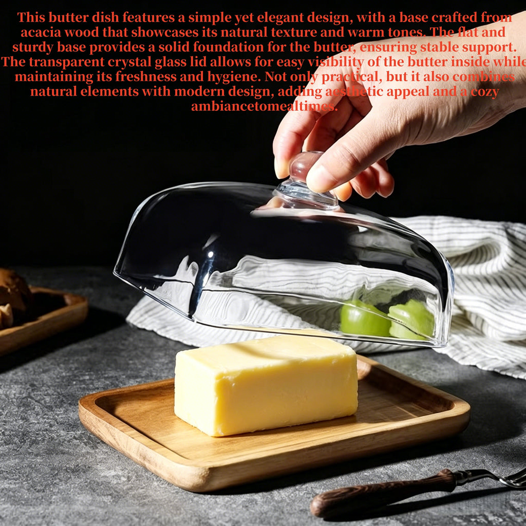 Acacia Wood Butter Dish with Clear Glass with Lid for kitchens
