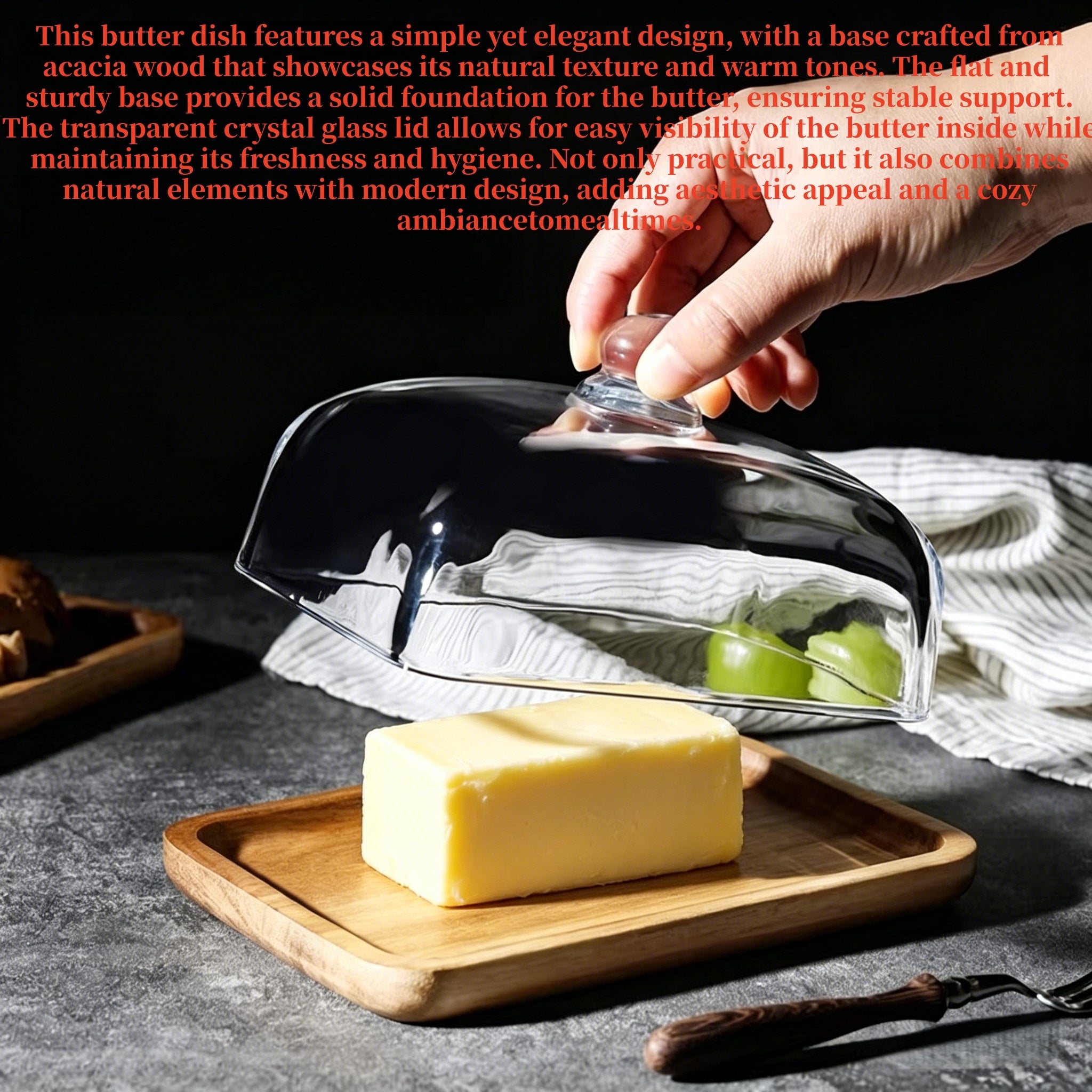 Acacia Wood Butter Dish with Clear Glass with Lid for kitchens