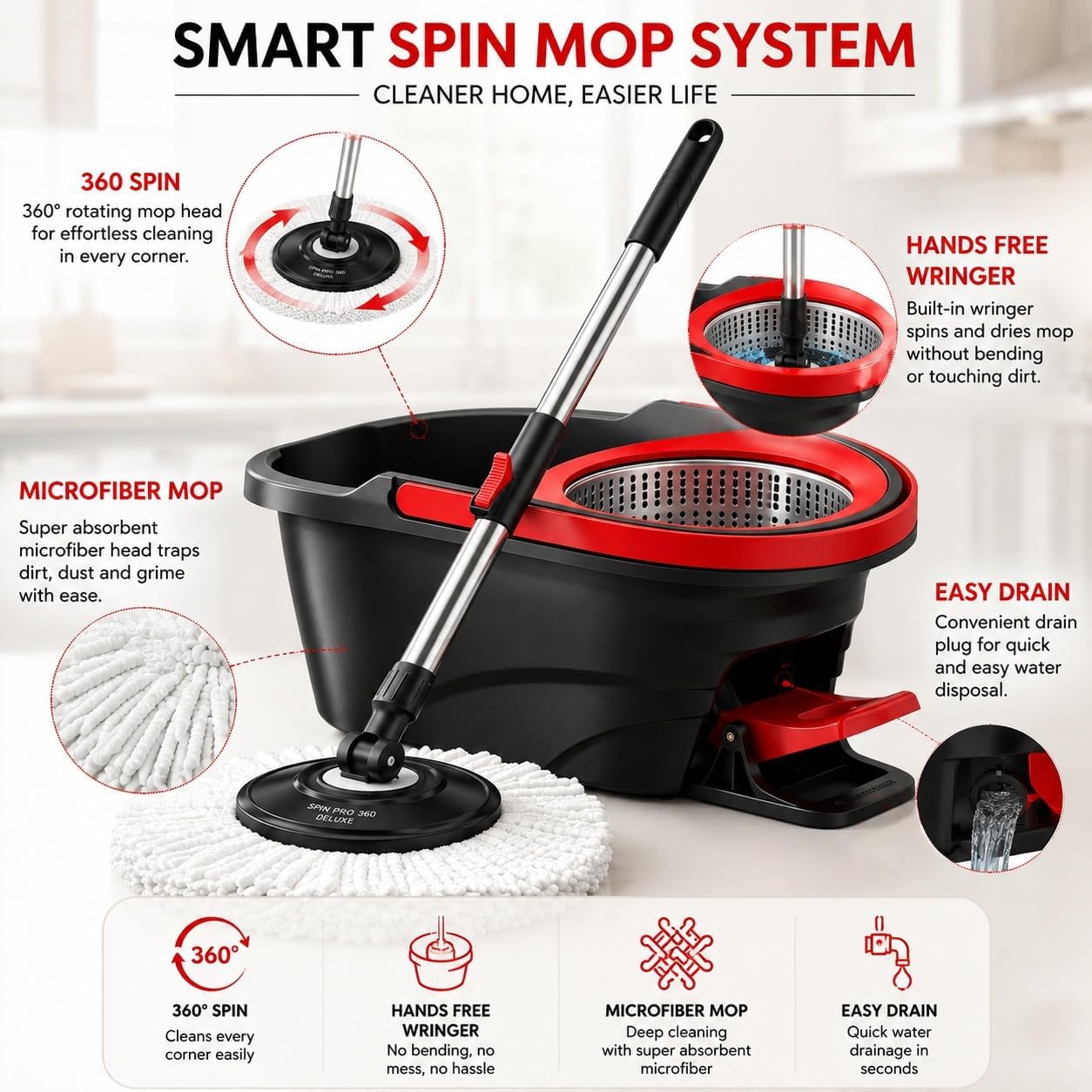 Deluxe Spin Mop & Bucket Set with Stainless Steel Wringer, Adjustable Handle (48–135cm), 2 Microfiber Mop Heads & Foot Pedal Heavy Duty Cleaning System for Home & Floor Care