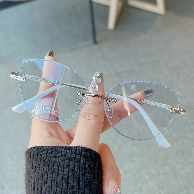 Fashion Cat Eye Frameless Light Sensitive Color Changing Women'S Model with Embedded Sequins Metal Frame Cat Eye Blue Light Transparent Lens Glasses