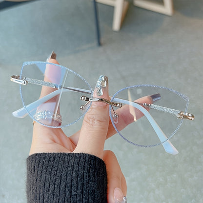 Fashion Cat Eye Frameless Light Sensitive Color Changing Women'S Model with Embedded Sequins Metal Frame Cat Eye Blue Light Transparent Lens Glasses