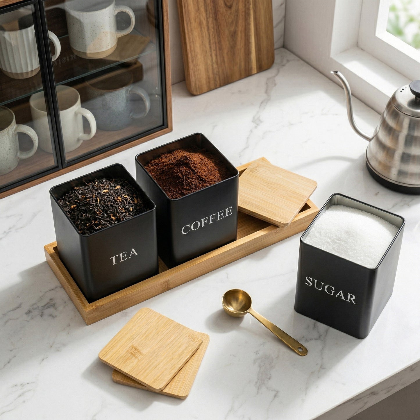 Kitchen Countertop Storage Essentials, 3pcs Black Rectangular Metal Canisters with Flip-Top Lids, Heavy-Duty Iron Jars for Coffee Tea Sugar and Spices Storage